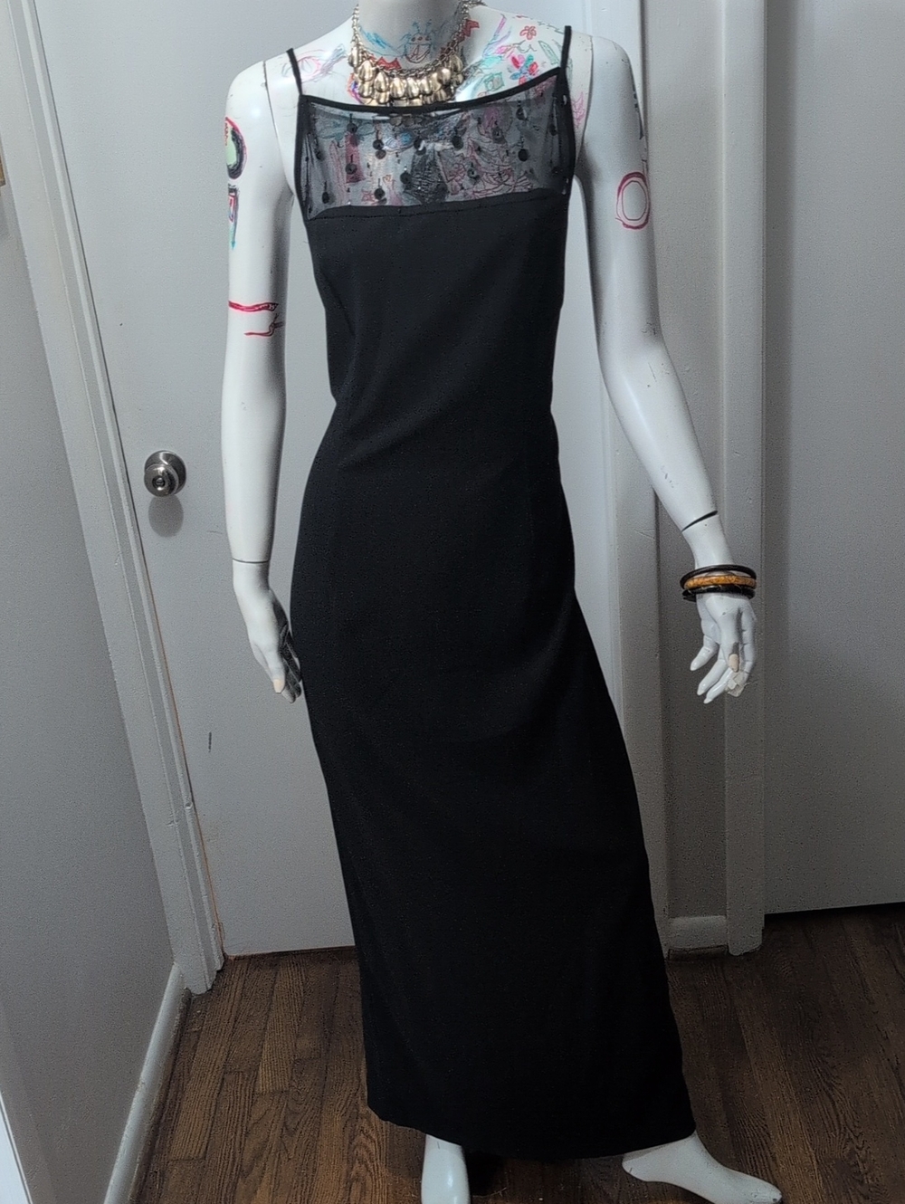 Black Sheer-Yoke Maxi Slip Dress